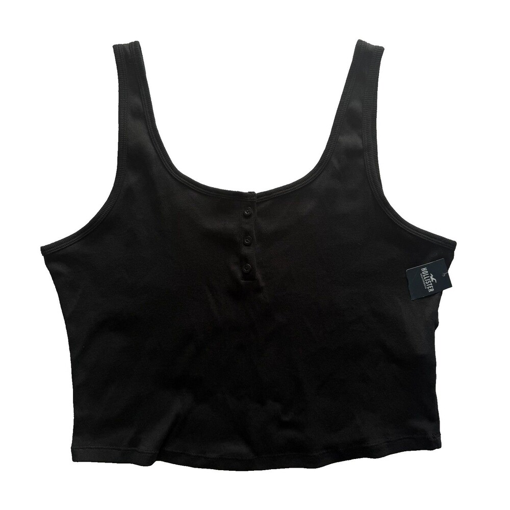 Hollister Ribbed Henley Crop Top Tank Y2K Black Size XL Basic Scoop Neck NWT